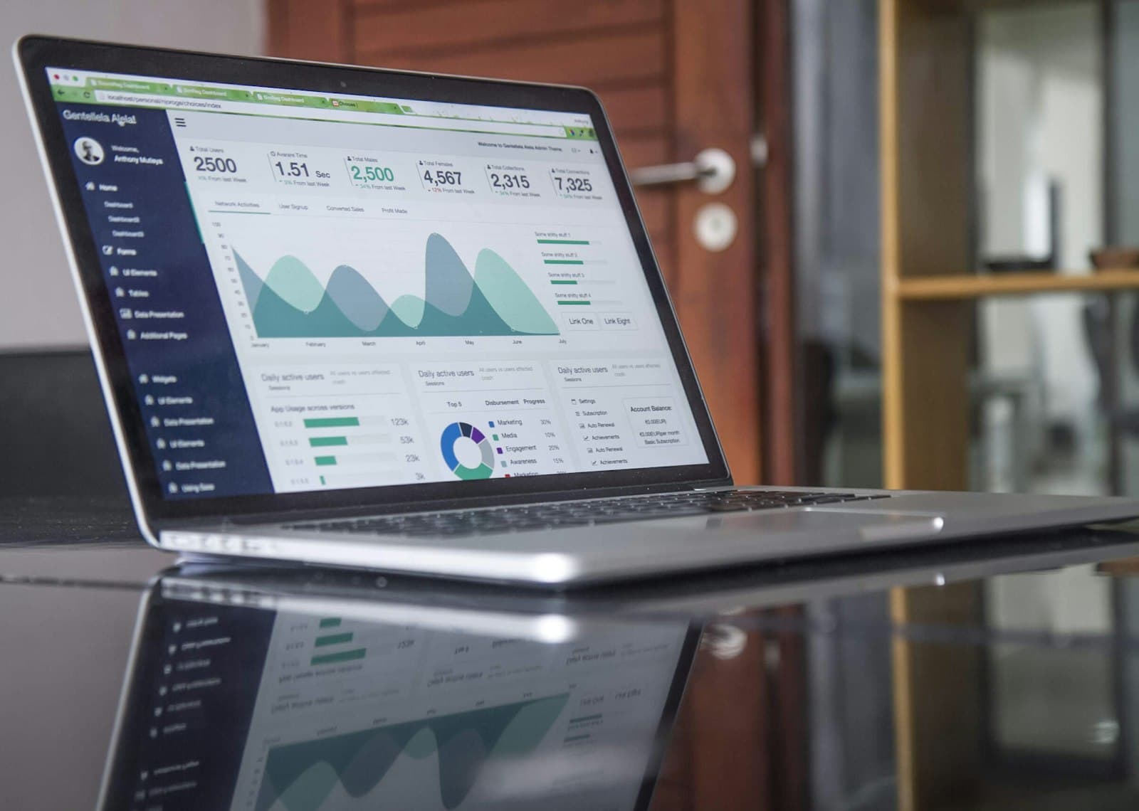 Laptop mostrando gráficas de gastos sobre un escritorio de trabajo